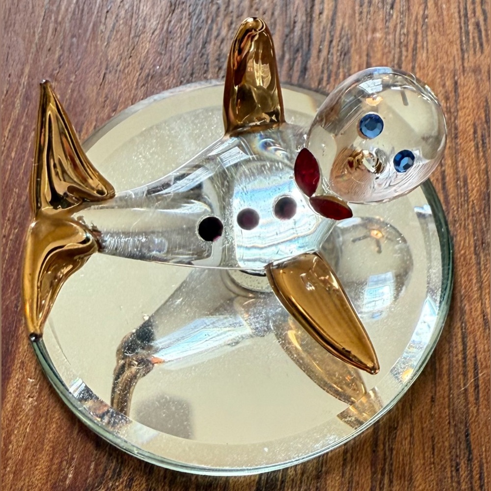 Glass Miniature Seal Figurine with Gold Accents Rhinestone Decor